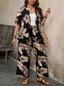 SHEIN Holidaya Set informal de 2 piezas con chaqueta tropical con flecos y pantalones de cintura alta con estampado tropical en talla grande, para primavera/verano