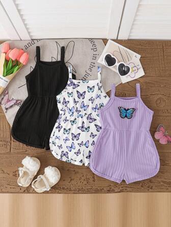 SHEIN 3 件套女婴夏季蝴蝶印花纯色罗纹连体裤带蝴蝶结装饰，休闲无袖连体衣