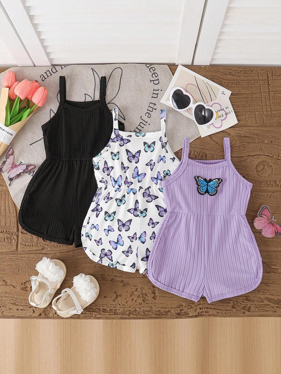 SHEIN Vintaside Kids 3pcs/Set Baby Girls Summer Butterfly Print Solid Color Ribbed Jumpsuits With Bow Decor, Casual Sleeveless Rompers