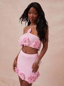 NYA SZN Minifalda de punto con detalles florales para primavera, festivales de verano, Pascua, salidas nocturnas y eventos para mujeres - Rosa - Ver 6