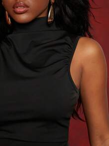 NYA SZN Tops Spring Mock Neck Ruched Tank Summer Festivals Turtle Neck Casual Basic Sleeveless Blouses Top Everyday Statement Valentines Day Carnival Outfits For Women - Black - View 7