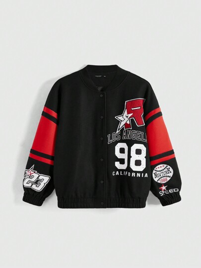 Fairycore Giacca da baseball oversize con spalle scivolate, colore a contrasto, ricamata con numero, in cotone, giacca esterna