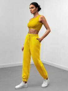 SHEIN Essnce Conjunto de mujer con chaqueta con capucha con cremallera lisa, top de tirantes y pantalones tipo harén - Amarillo - Ver 6