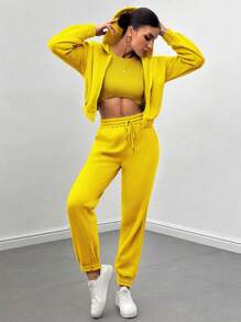 SHEIN Essnce Conjunto de mujer con chaqueta con capucha con cremallera lisa, top de tirantes y pantalones tipo harén - Amarillo - Ver 7