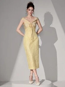 SHEIN Belle 女士优雅前系带修身鸡尾酒会礼服、正式派对礼服、婚礼宾客礼服 - 黃色 - 查看 3