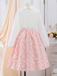 Kaftan Jalabiya Tunika für Teenager Mädchen, bescheidenes lokales Kostüm für Ramadan, luxuriöse, elegante Jacquard-Satin-Bluse mit metallischem Glanz und modischen 3D-Blumen-Chiffonvolants, kombiniert mit rosa 3D-Blumen-Jacquard-A-Linien-Rock