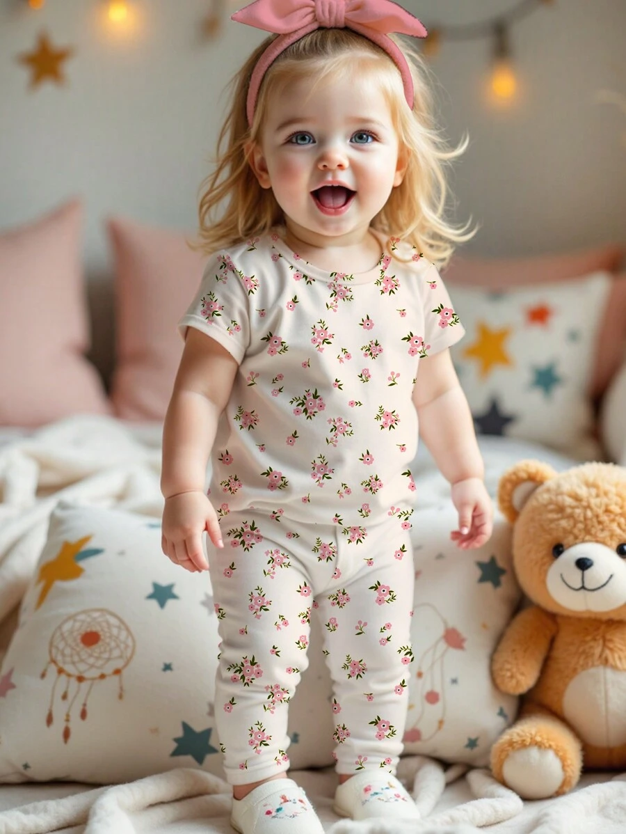 SHEIN Leap Crew 2 件装年轻女孩花卉卡通印花短袖 T 恤和裤子家居服套装，贴身合身，适合春夏季 - 彩色 - 查看 1