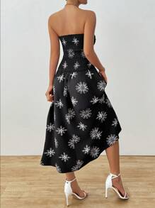 SHEIN Unity 夏季女士花卉印花露肩纽扣镂空性感连衣裙 - 黑色 - 查看 2