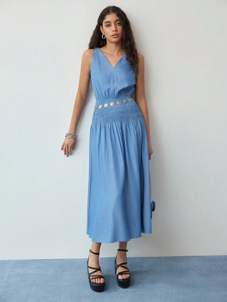 MOTF STUDIO 褶饰腰部无袖连衣裙 - 藍色 - 查看 1