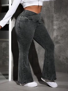 SHEIN EZwear 大码弹力牛仔喇叭牛仔裤，休闲高腰蓝色