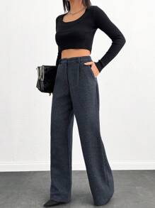 EURMUSE Women Wool Effect Check Pattern Wide Leg Pants - Black - View 5