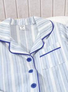 SHEIN 2pcs Young Boys Classic Striped Cardigan & Pants Loungewear Set - Blue - View 7