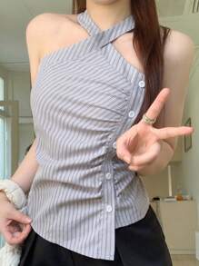 DAZY Camiseta de tirantes de mujer acanalada y fruncida para el verano - Azul - Ver 7