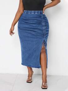 SHEIN Lady Plus Size Women's Denim Skirt Sexy Skinny Pleated Midi Skirt Blue Denim Skirt Long Women Skirts Sexy Blue Dress Women Skirts Thanksgiving Women Outfit Sexy Women Outfits