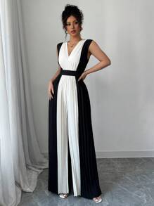 Elenzga Mono de pierna ancha con cintura ceñida y cuello en V fruncido para mujer, conjunto casual y elegante para viajes y la oficina
