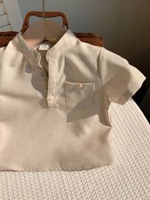 SHEIN 男婴杏色 V 领半襟休闲衬衫上衣，百搭夏季上衣，适合上学、居家、外出、度假 - 杏色 - 查看 3