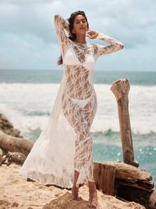 Opulessa 女士纯色针织蕾丝长袖美人鱼连衣裙 - 白色 - 查看 6