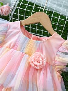 年轻女孩休闲网眼拼布 3D 花卉装饰迷你连衣裙 - 彩色 - 查看 4