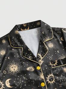 ROMWE Dark Gothic Sun, Moon & Star Print Satin Button-Up Shorts Pajama Set - Black - View 3