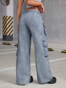 SHEIN ICON Women's Multi Pocket Loose Casual Wide Leg Cargo Jeans