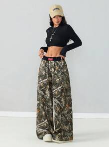 Coolane Women's Tree Branch Pattern Wide Leg Casual Pants - Army Green - View 5