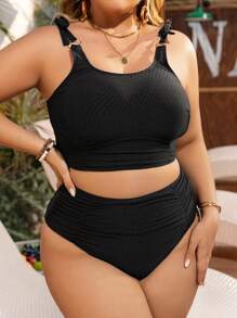SHEIN Swim Curve Plus Size Women Solid Color Sexy Tie Shoulder Tankini Set, Suitable For Summer Beach Vacation - Black - View 3