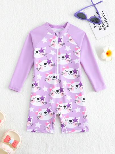 SHEIN 女宝宝简约时尚休闲长袖拉链泳衣