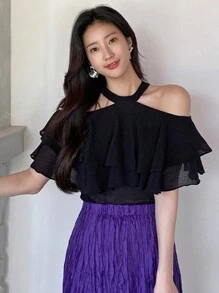DAZY Blusa de gasa con hombros abiertos, volantes y manga corta de unicolor para mujer, primavera/verano - Negro - Ver 4