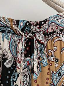 Lacomfia 2pcs Plus Size Set: Solid Color Asymmetric Hem Short Sleeve Top And Paisley Print Long Pants - Purple - View 5