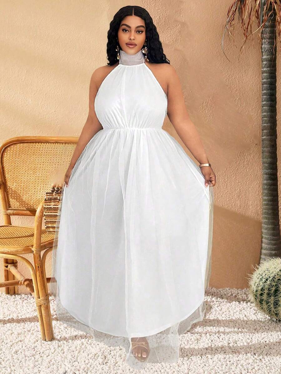 Slaydiva Plus Size Women's Elegant Wedding Big A-Line Puff Backless Dress - White - View 1