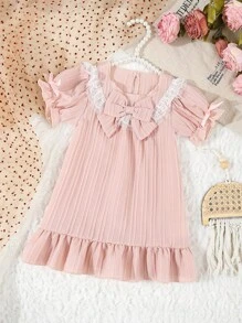 女婴粉色休闲优雅蕾丝肩带、前部蝴蝶结、泡泡袖过膝睡袍家居服 - 粉色 - 查看 8