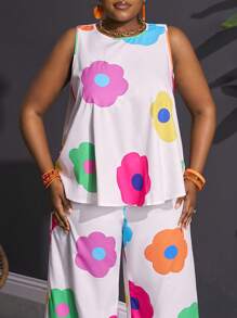 Slaydiva 优雅度假圆领无袖宽松下摆短款上衣直筒裤趣味大花卉印花女式加大两件套 - 白色 - 查看 6