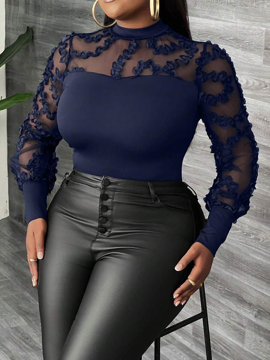 Slaydiva Contrast Mesh Lantern Sleeve Mock Neck Bodysuit - Navy Blue - View 1