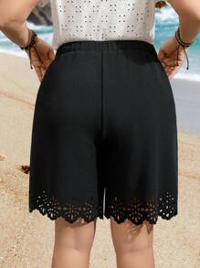 EMERY ROSE Plus Size Solid Color Casual Shorts, Fashionable And Suitable For Daily Wear Spring Outfits For Women - Black - View 2