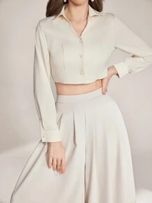 Modelyn Set de 2 piezas de top de manga larga con botones delanteros y pantalones largos de unicolor para mujer - Albaricoque - Ver 3