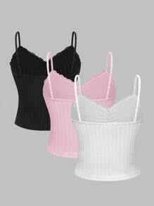SHEIN LUNE Women's Solid Color Fuzzy Knit Ribbed Splice Lace Trim Shirring Slim Fit Camisole 3-Piece Set, Autumn/Winter