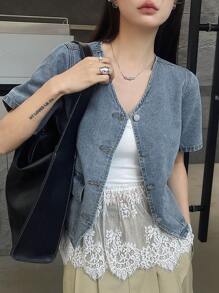 DAZY Chaqueta vaquera de mujer con cuello en V y manga corta