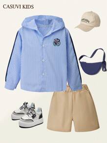 SHEIN Casuvi Kids 2pcs Boys Casual School Blue & White Striped Hoodie Shirt Matching Khaki Shorts Set, Suitable For Spring/Summer School, Playtime And Daily Wear - Multicolor - View 8