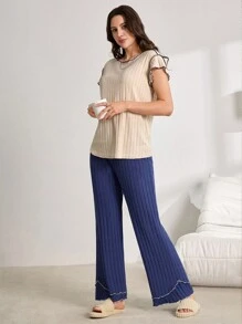 Lazeform Conjunto de ropa informal para el hogar con pantalones de mujer con cuello redondo, volantes y mangas cortas de color contrastante