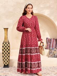 SHEIN 少女红色编织定位花朵印花宽松休闲长袖度假风 V 领纽扣点缀长裙 - 紅色 - 查看 3