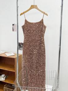 DAZY 女士亮片修身吊带高开衩长款派对连衣裙，卡其色，春夏露背/露背舞会礼服，女士吊带连衣裙，返校节礼服，奢华亮片性感连衣裙，优雅女士连衣裙，新年夜礼服，嘉年华闪亮连衣裙 - 卡其色 - 查看 8