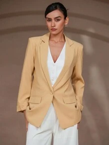 SHEIN Privé Women's Plain Button-Front Long Sleeve Pocket Simple Jacket, Casual Everyday Wear Fall Cloth For Women - Khaki - View 2