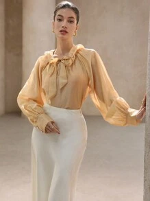 SHEIN Unity Französisches romantisches Satin-Kragen, doppellagiger Rüschenbesatz, Krawattenhals, langärmeliges Midi-Bluse-Top, Damen-Frühlings-Oberbekleidung - Gelb - Übersicht 7