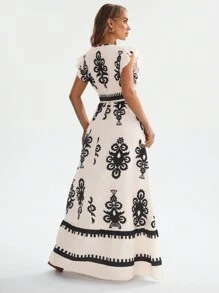 SHEIN LUNE Shirred Ruffle Trim Cap Sleeve Drawstring Waist A-Line Dress With Placement Print, Casual Holiday Dress For Ladies