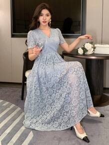 女士 V 领蕾丝中长连衣裙，适合约会和场合太阳裙 - 藍色 - 查看 1