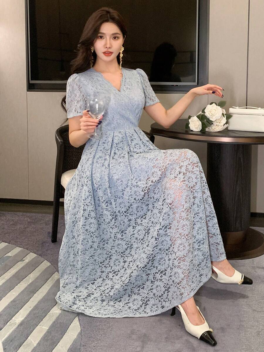 女士 V 领蕾丝中长连衣裙，适合约会和场合太阳裙 - 藍色 - 查看 1