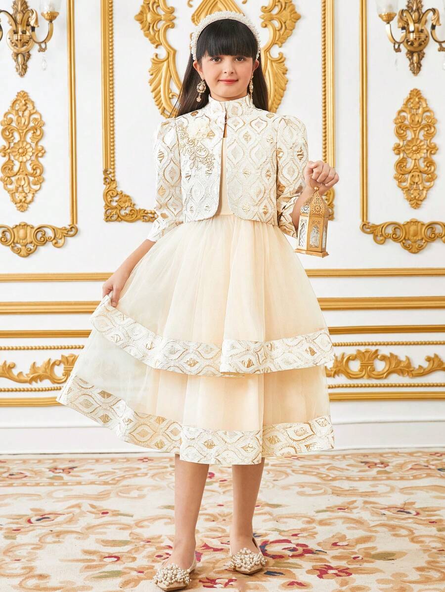 SHEIN مجموعة بنطلون وسترة قصيرة بكم 3/4 من السرج المخمل للفتيات المراهقات، جاكيت واقية بزر ماس بياقة طاقم أنيقة، وفستان شبكي بطبقات