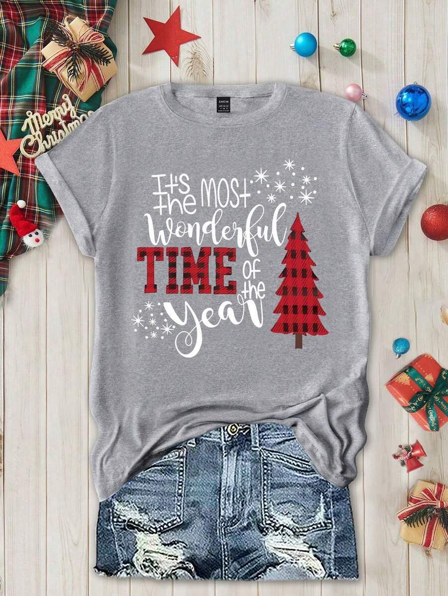SHEIN LUNE Women's Merry Christmas Tree It's Most The Wonderful TIME Of The Year Pattern Printed T-Shirt Graphic Tees Women Tops - Light Grey - View 1