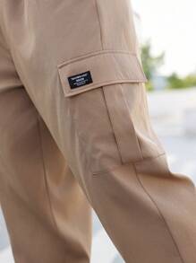 Manfinity Homme 大码男士抽绳腰前斜口袋工装裤，休闲日常穿着，秋季 - 卡其色 - 查看 5