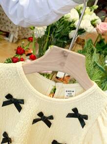 SHEIN LMoss Kids Abito estivo a maniche corte per bambine con decorazione fiocco carino - Albicocca - Visualizzare 6
